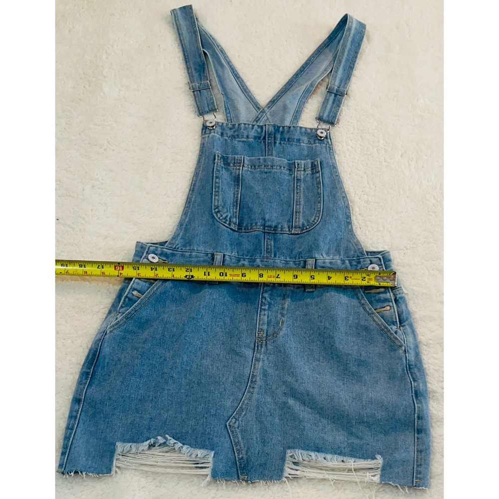 Distressed Denim Overall Skirt Light Wash Ripped Mini Pinafore Dress Medium - Picture 2 of 5